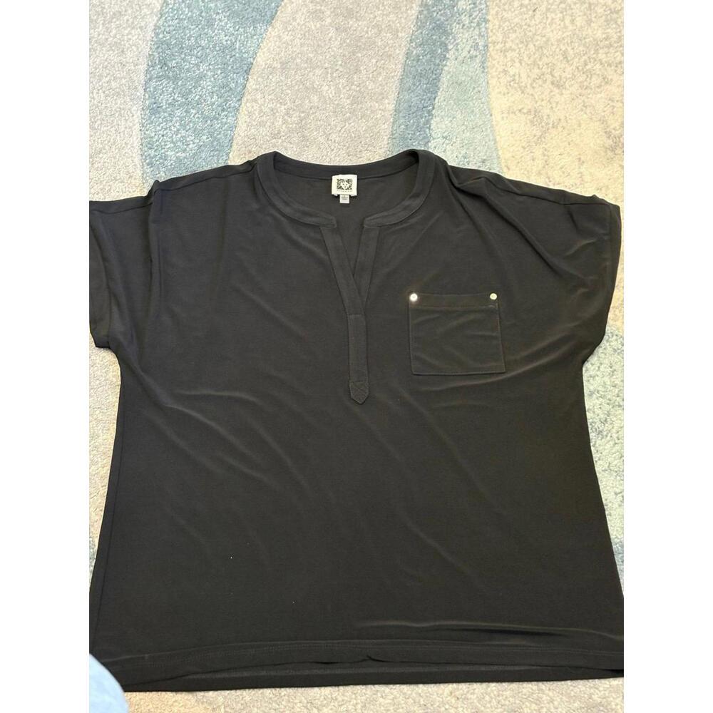 Anne Klein Black Pocket Front Short Sleeve Blouse